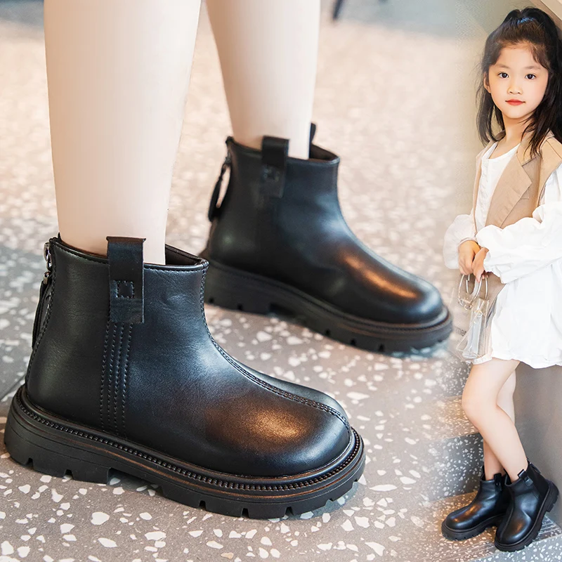 Girls Ankle Boots 2024 Spring Autumn New Fashion Back Zipper Girls Round Toe Leather Boots Children\'s Trendy Platform Shoes Kids