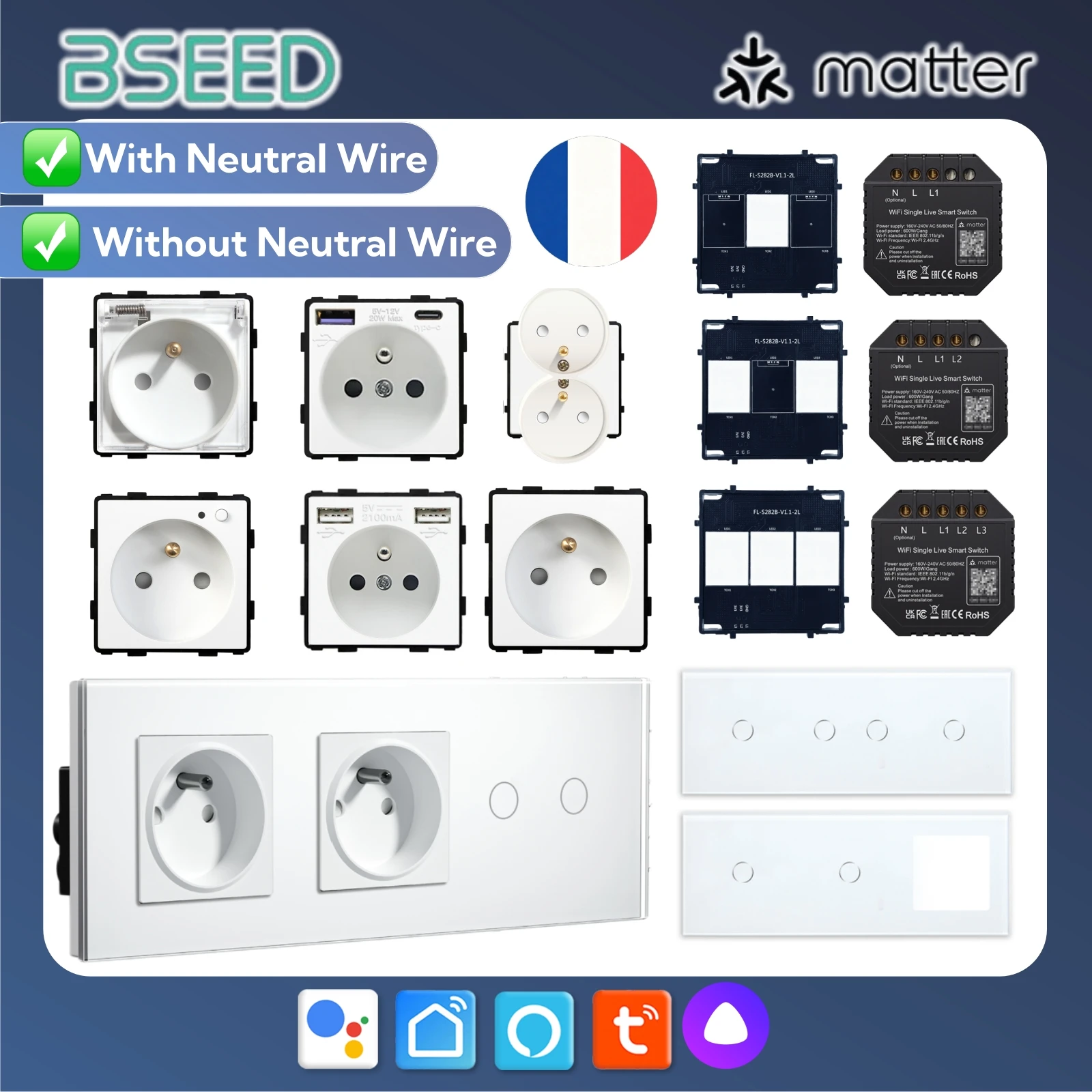 BSEED WiFi Matter Touch Switch Module FR Socket Glass Panel Only Smart France Socket Outlet Work With Tuya Smart Yandex Life APP