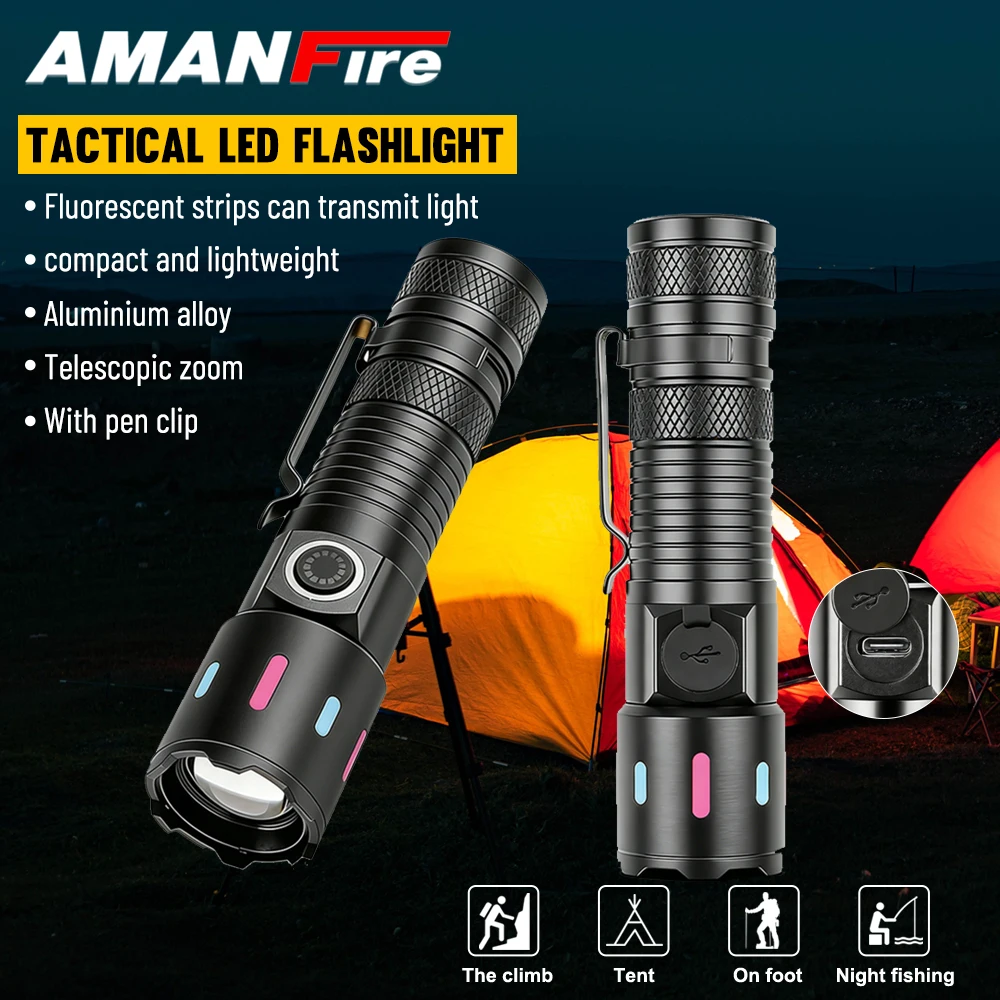 amanfire-1535-懐中電灯-led-充電式-30-ワット伸縮ズーム蛍光防水バッククリップポータブルミニ屋外懐中電灯