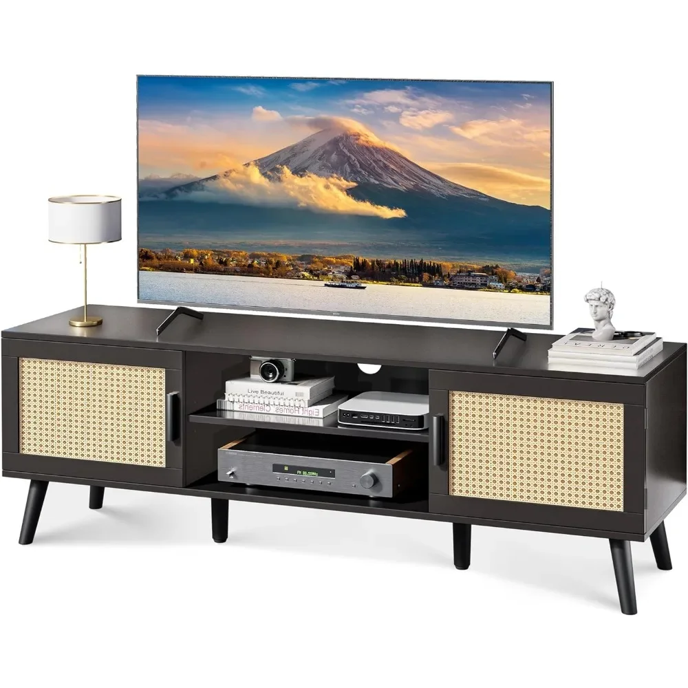 

55 Inch TV Stand, Entertainment Center with Adjustable Shelf,Rattan TV Console with 2 Cabinets,Solid Wood Feet,4Cord Holes,Black