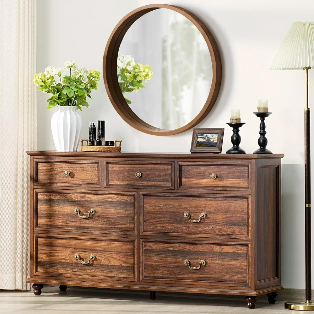 

54" 7 Drawers Dresser for Bedroom, Vintage Wood Chest of Drawers w/ 4 Wooden Legs, Wide Closet Storage Dressers Organizer，Brown