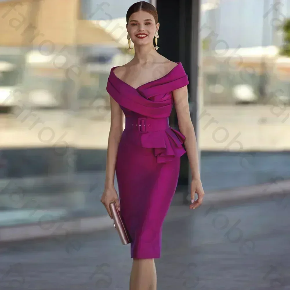 

Mother of The Bride Dresses Off Shoulder Sleeve Mother Dress Knee Length Belt High Quality Wedding Party Guest Gowns Customized