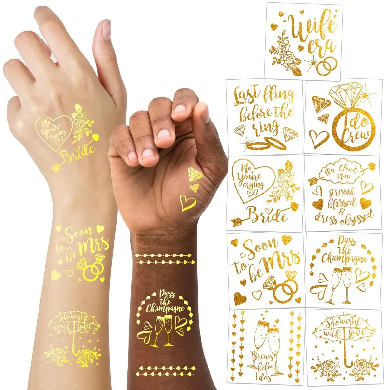 108Pcs Glitter Gold Diamonds Heart I DO Temporary Tattoos Stickers for Bachelorette Bridal Shower Valentine Girls Party Supplies