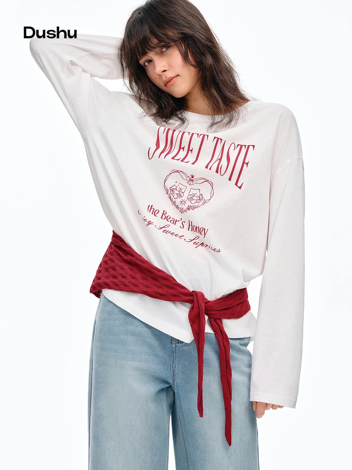 

DUSHU Knitted Shawl Long-Sleeved T-Shirt 2026 Summer New Casual Two-Piece Set Letter Printed Leisure Chic Korean Trendy