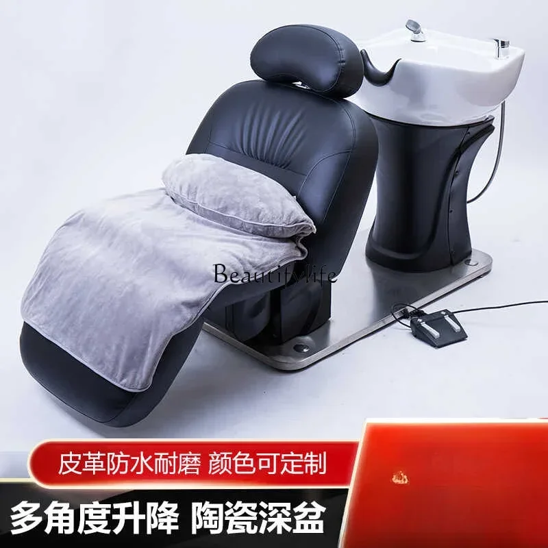 Silla de champú para barbería, cama de lavado de elevación eléctrica de medio alto grado, calentador de agua integrado