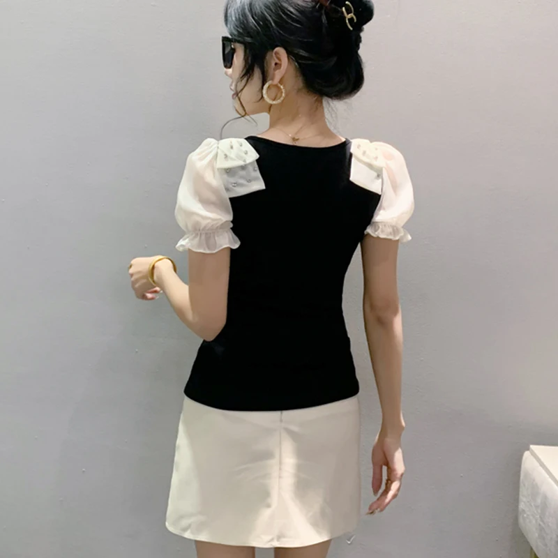 Black Summer Korean Style Cotton T-Shirt Sexy Women Patchwork Bowknot Shiny Diamonds Tops Short Sleeve Hand Made Tees New 432110