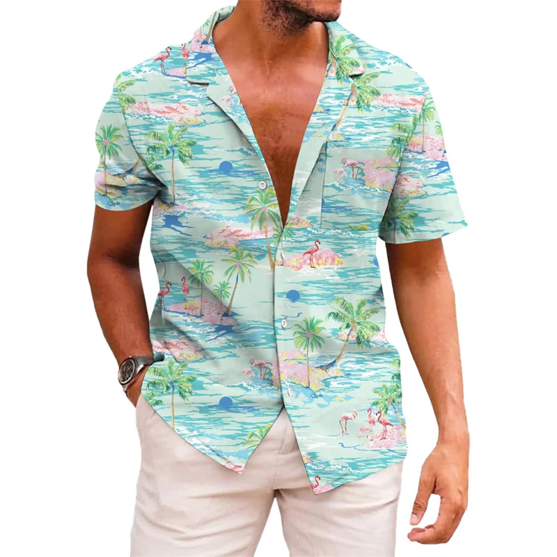 Men\'s shirt printed lapel summer short-sleeved Hawaiian simple new style daily vacation breathable casual and comfortable