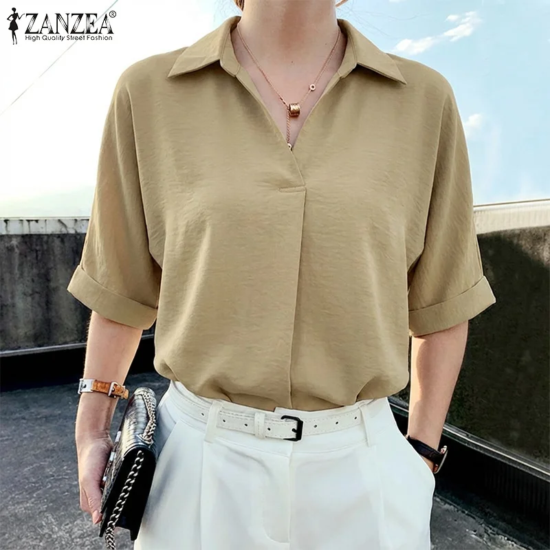 

2026 ZANZEA, летние офисные блузки, женские топы с лацканами и короткими рукавами, повседневная мятая рубашка, женская однотонная блузка Mujer