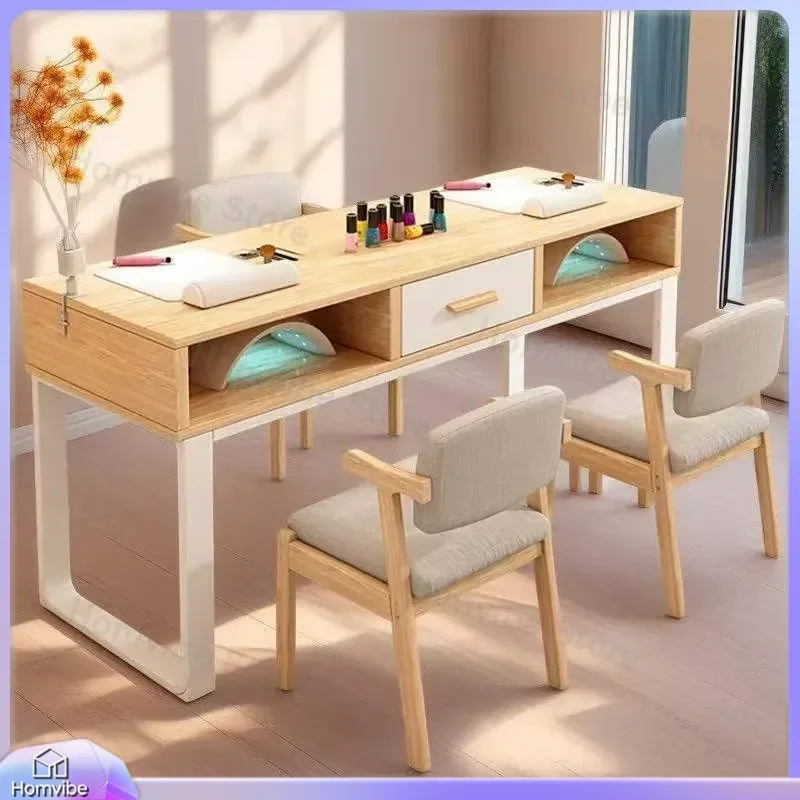 Modern Double Manicure Table and Chair Set with Console Storage Wooden Structure Nail Salon Furniture for Professional