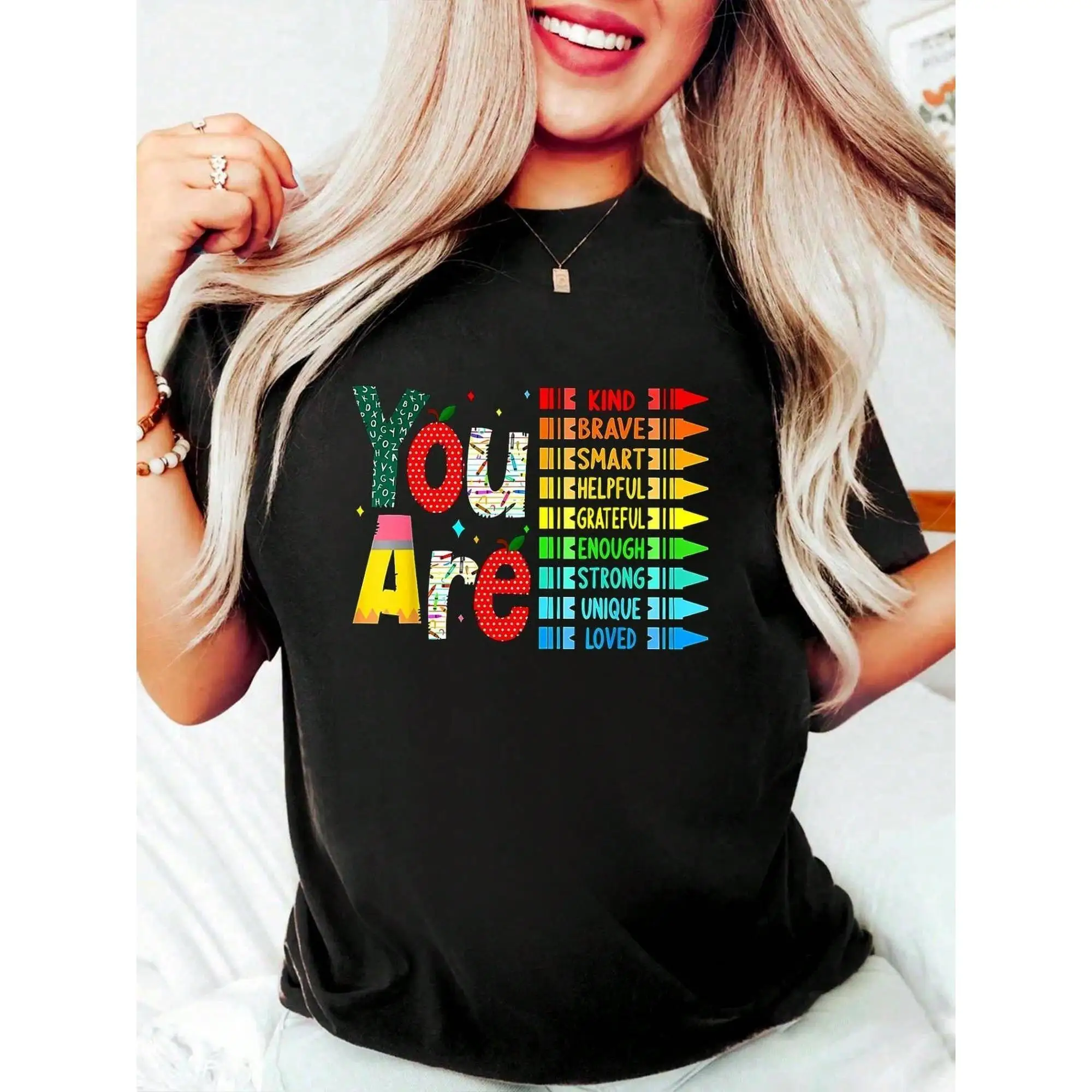 

Motivational You Are Slogan T-shirt for Teacher Positive Quote Graphic Tee Crayon Print Back To School Vibe Top