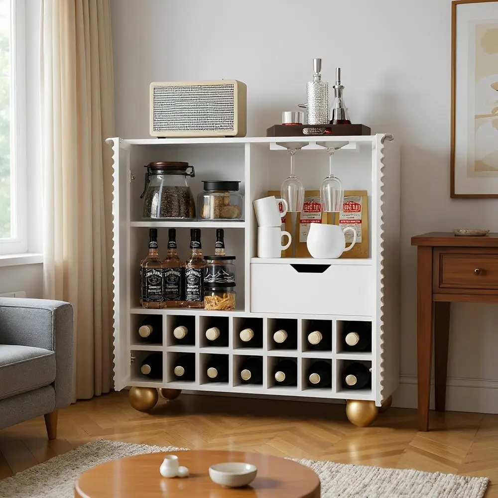 

32 White Wooden Wine Bar Cabinet with 14-Bottle Rack & Glass Holders for Kitchen, Dining, Living Room Storage