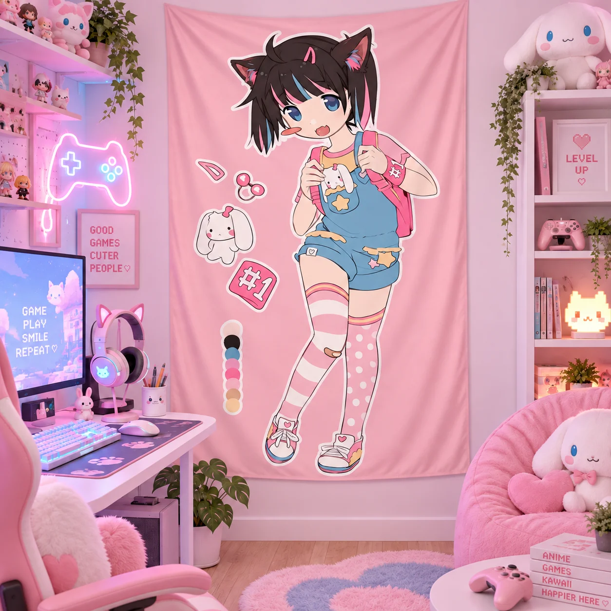 Cute Chibi Cat Ear Anime Girl Wall Tapestry Hanging Dorm Bedroom Kawaii Aesthetic Home Background Decoration Cloth