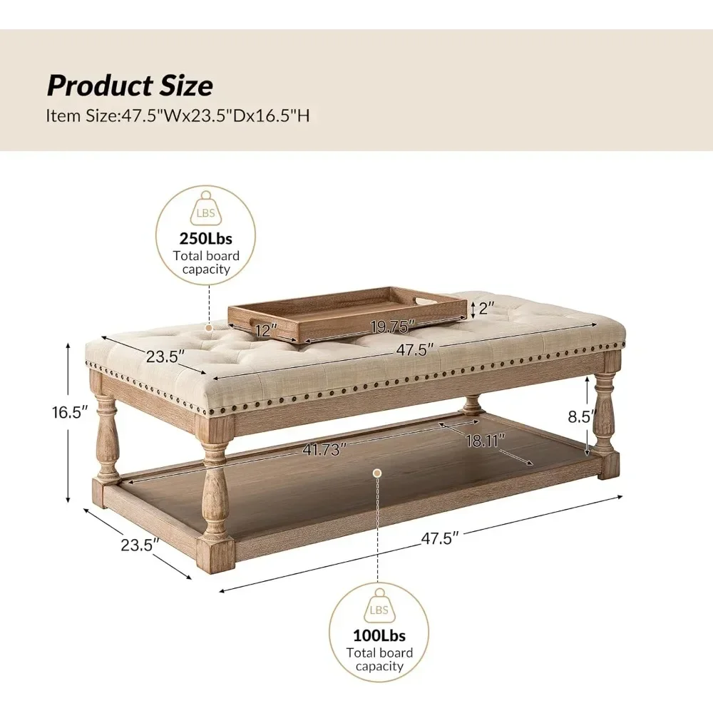 Coffee Table with Tray, Tufted Ottoman with Solid Wood Storage Shelf, Upholstered Large Footrest Ottoman, Living Room Table