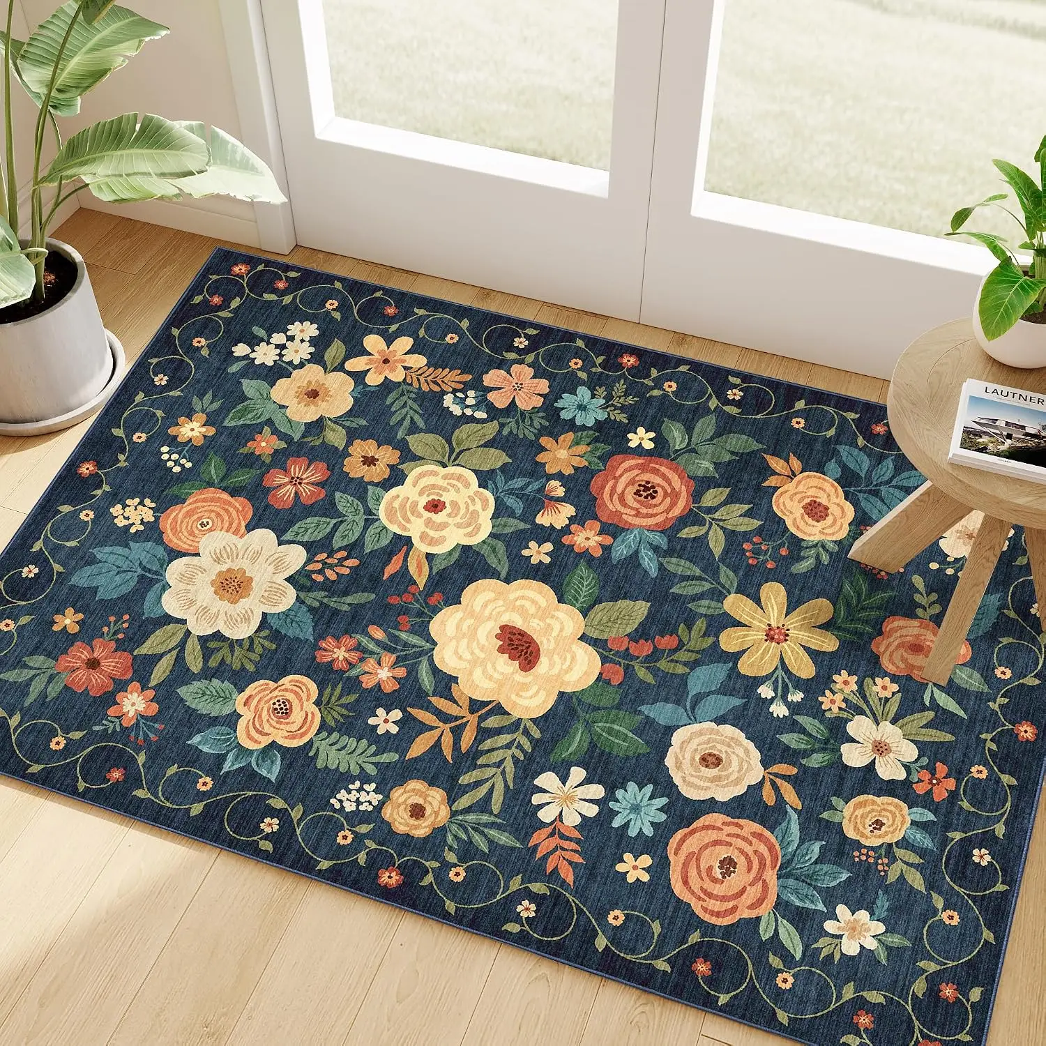 Floral Area Rug Dining Comfy Bedside Floor Mat Front Door Carpet Patio Corridor Living Bedroom Soft Floor Mat Pet Friendly