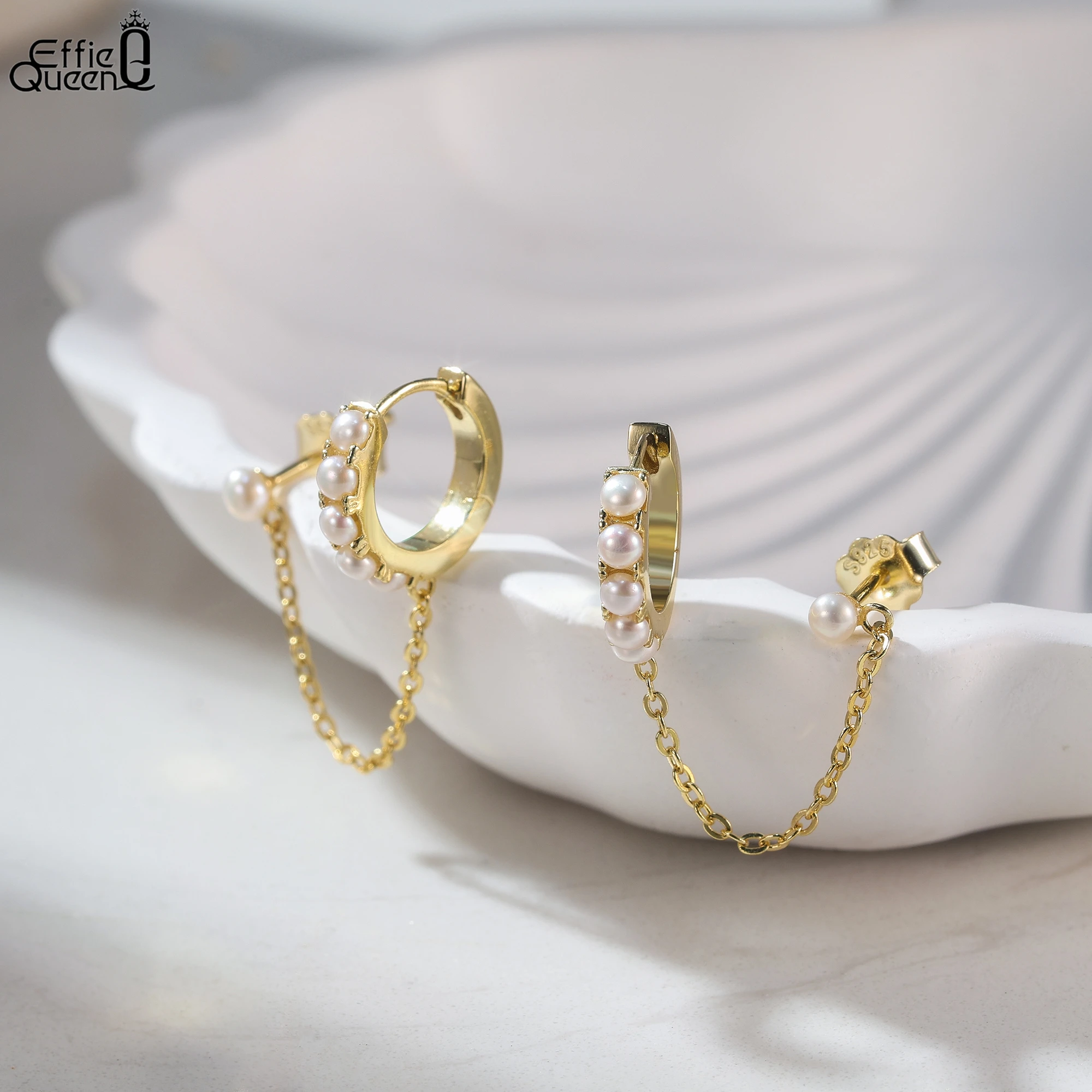 

Effie Queen 925 Pure Silver 14k Gold Cable Chain Pearl Drop Earrings Natural Jewelry for Women Wedding Party Banquet Gift GPE129