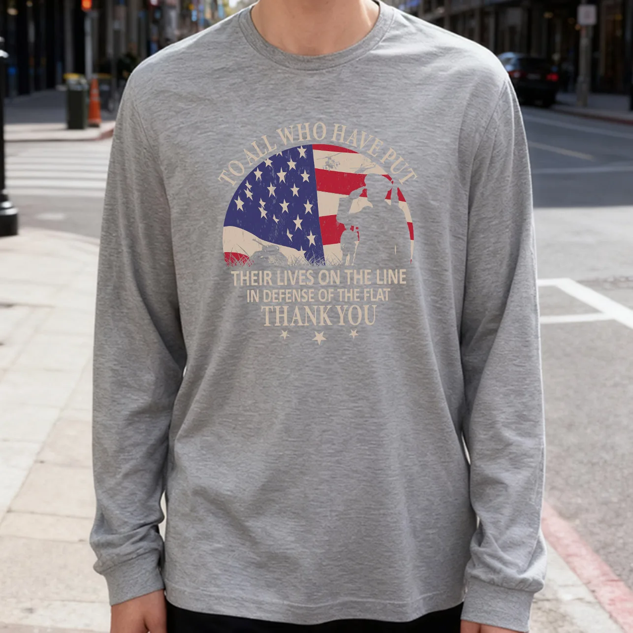 Soldiers and National Flag Men's Long Sleeve Tee 100% Cotton 180g Crew Neck Casual Daily Style Soft and Breathable