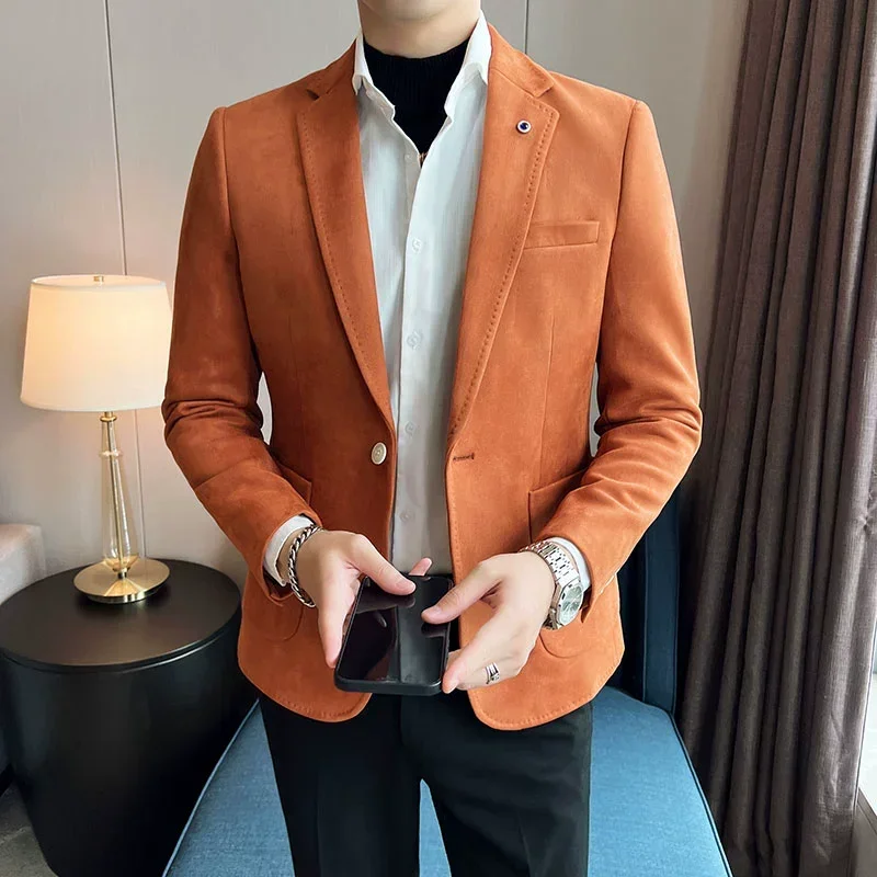 Luxury Deerskin Velvet Slim Fit Blazer Coat 2024 New Fashion Men Business Social Wedding Tuxedo Formal Men\'s Suit Jacket 6 Color