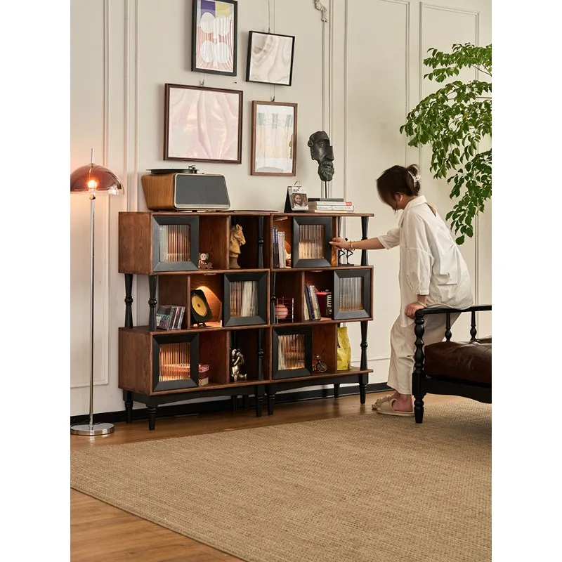 French retro contrasting color solid wood bookcase, combined small apartment living room display cabinet