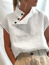 Celmia Mode Vrouwen Blouses 2023 Zomer Katoenen Linnen Blusas Mujer Stijlvol Wit Shirt Elegant Korte Mouw Tunieken Lichtgewicht