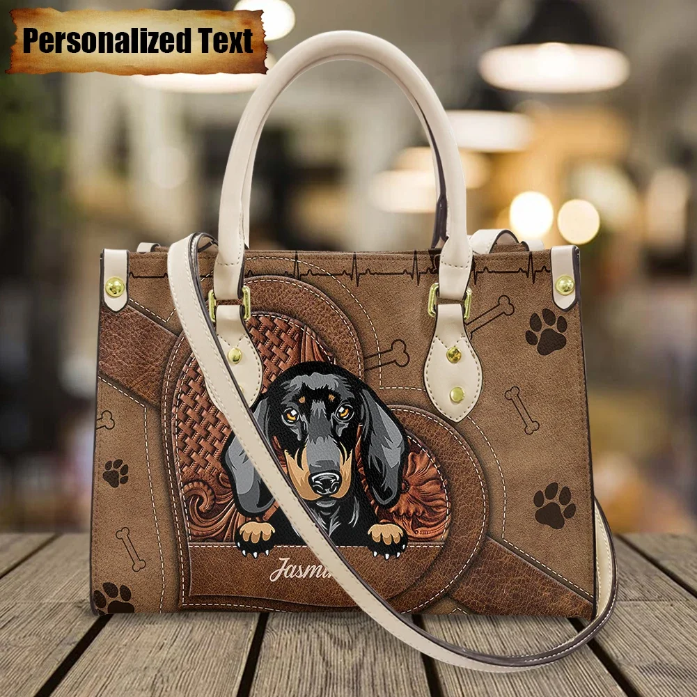 Leather Shoulder Bags for Woman Personalized Name Cute Dachshund Dogs Print Casual Handbags Brand Design Luxury Totes Bag Bolsos