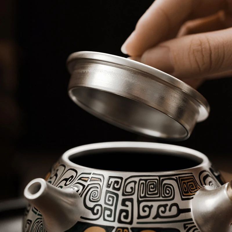 Silver Tea Set 999 Pure Silver Side Handle Stone Ladle Teapot Handmade Gilded Silver Teapot Household Kung Fu Teapot