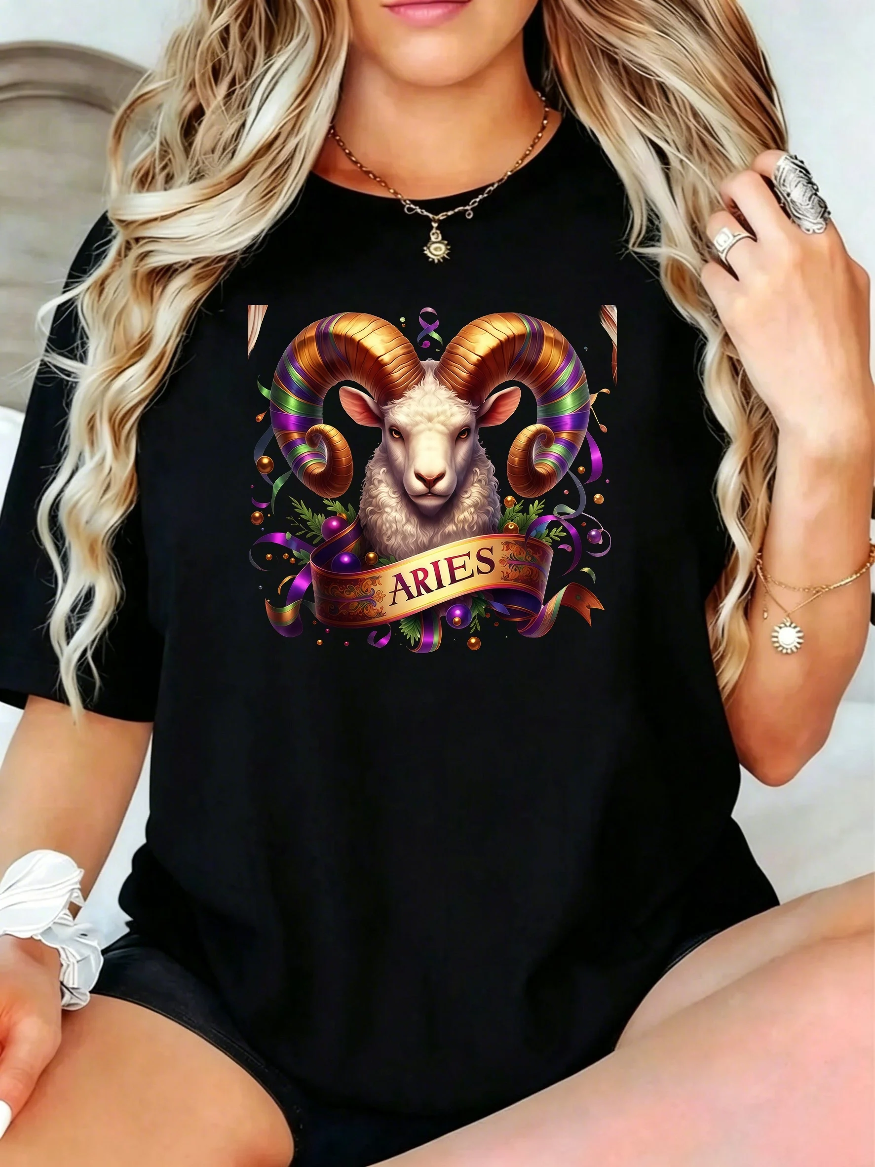 1Pcs Plus Size Women T-Shirt, Aries Ram with Colorful Horns and Ribbon Design Shirt, Loose Type Shirt for Women