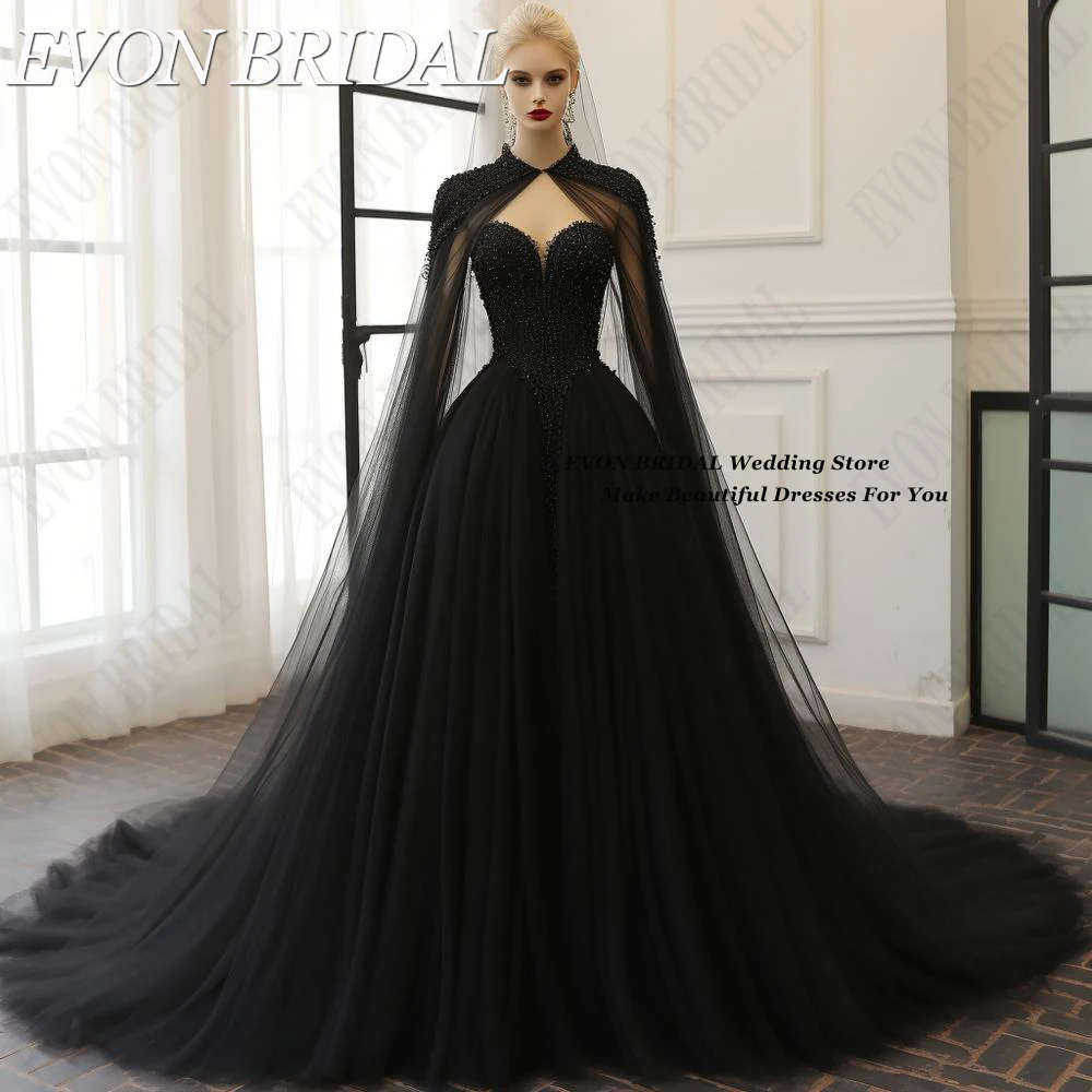 

EVON BRIDAL Gothic Style Black Evening Dresses With Long Cape Formal Party Gown Tulle Embroidery Vintage vestidos de fiesta 2024