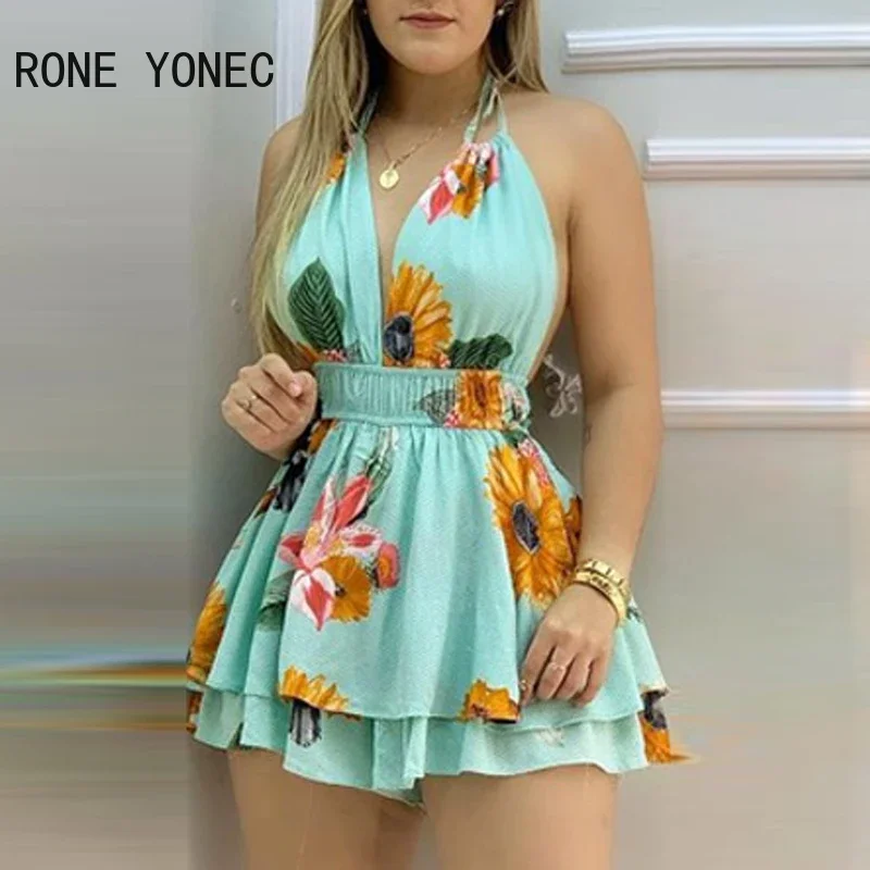 Women Playsuits Halter Floral Print Ruffle Hem Romper Skinny Ruffles Romper