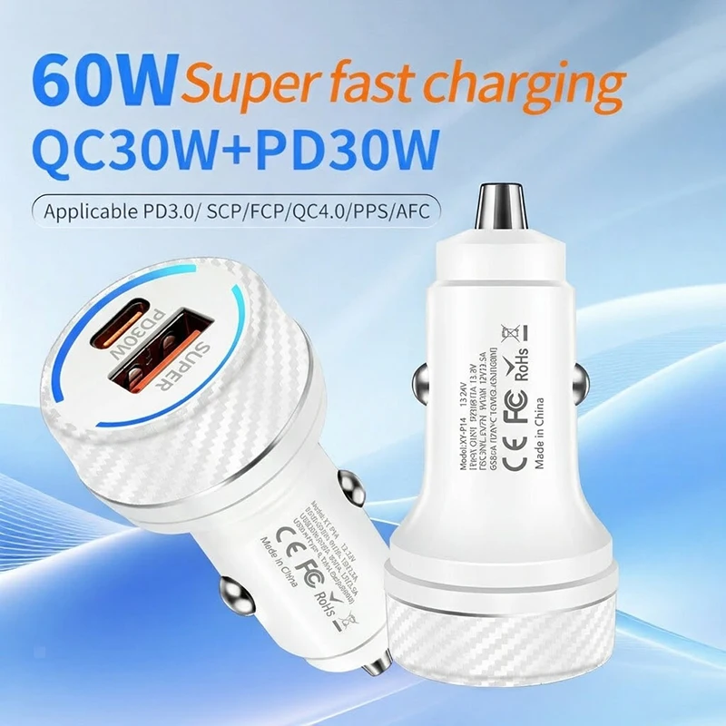 60W High Power Car Charger Dual USB C Fast Charging Adapter Multi Protocol Auto Power Supply Fits Mobile Phones GPS For iPhone