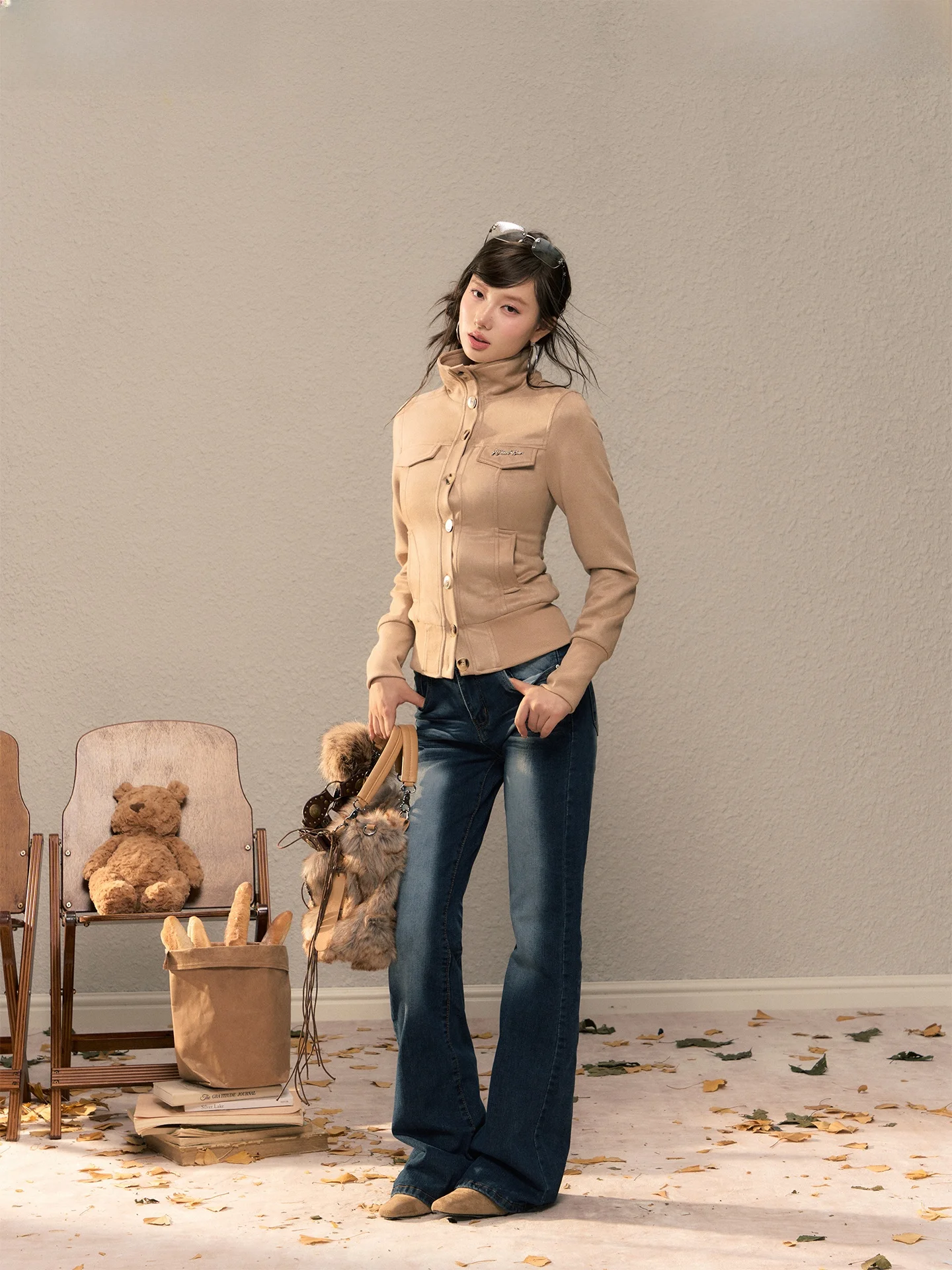 

Retro American Suede Jaet ort Stand Collar Slimming Casual Top Open Cardigan Women's Faion Autumn Long Sve Button up