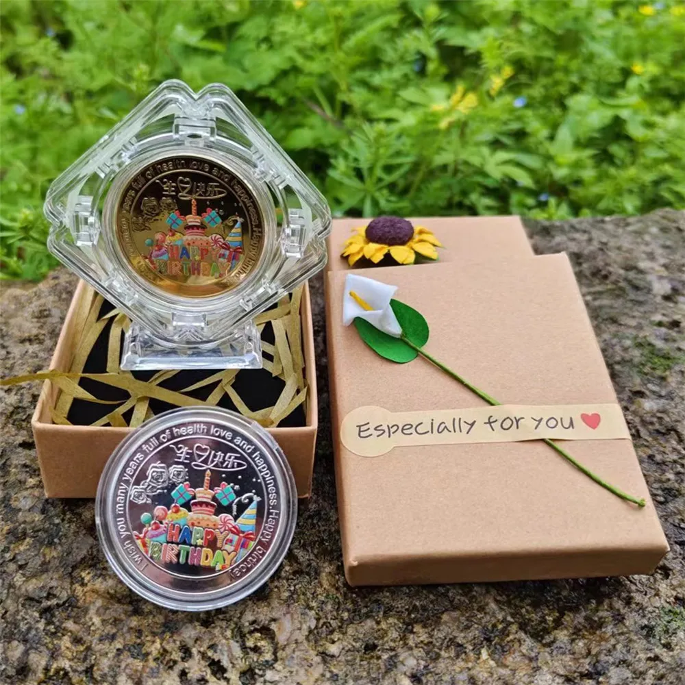 

Подарочная коробка с каллами и подсолнухами, с бесплатной гравировкой имени, даты и пожеланий, с подсветкой, памятные монеты на день рождения.