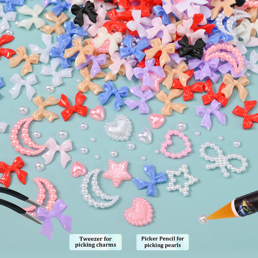 12 rasters 3D roze strikken lint nail art decoraties 12 stijl gemengde vlinder strik nagel charmes kawaii parels manicure accessoires