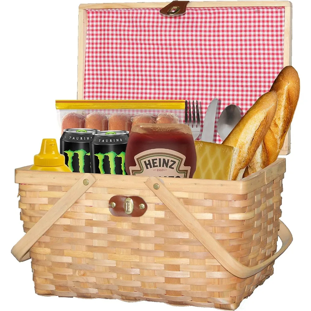 Natural Woodchip Picnic Basket Gingham Lined Movable Handles with Lid Pack of 6