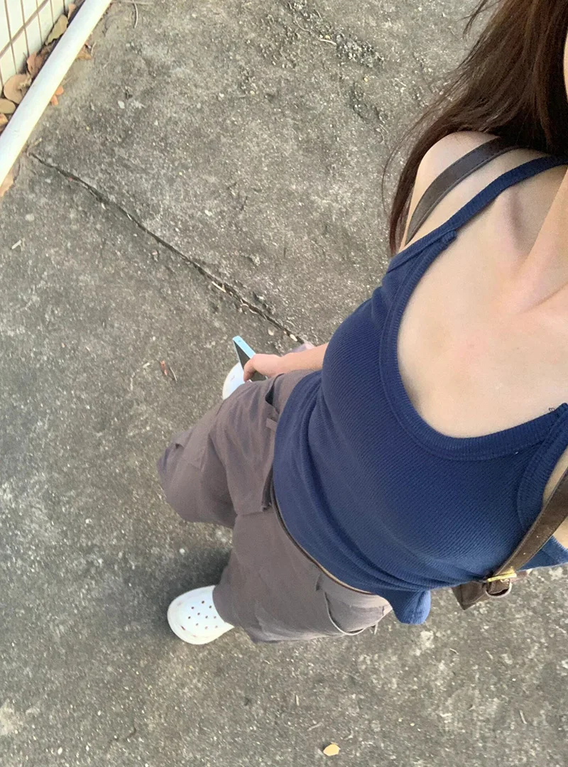 

American High Street Millennium Sexy Girl Deep Blue Strap Vest Women Summer Slimming Unique Top Korean Style round Neck Short...