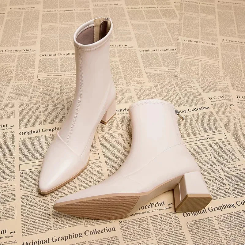 Winter Sexy Chelsea Boots Pointed Tip Thick Heel Back Zipper Middle Follow Women Shoes Microfiber Leisure Comfortable Smooth