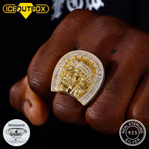 Hip Hop Iced Out Jesus Head Ring 925 Sterling Silver Moissanite Diamond Christ Face Ring Bling Rapper Men Religious Jewelry Gift