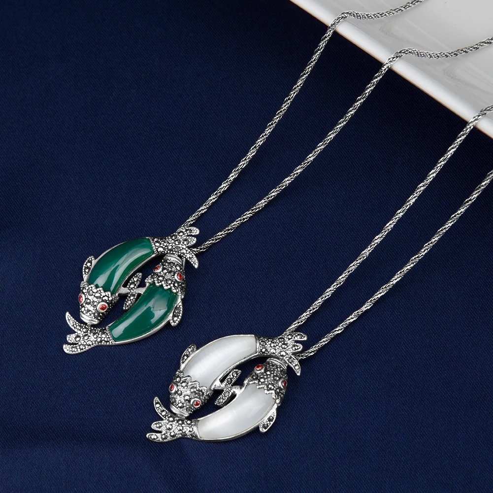 YYSuniee Solid 925 Sterling Silver Necklace for Women Vintage Thai Silver Green Onyx Chalcedony Moonstone Double-Fish Pendant ﻿