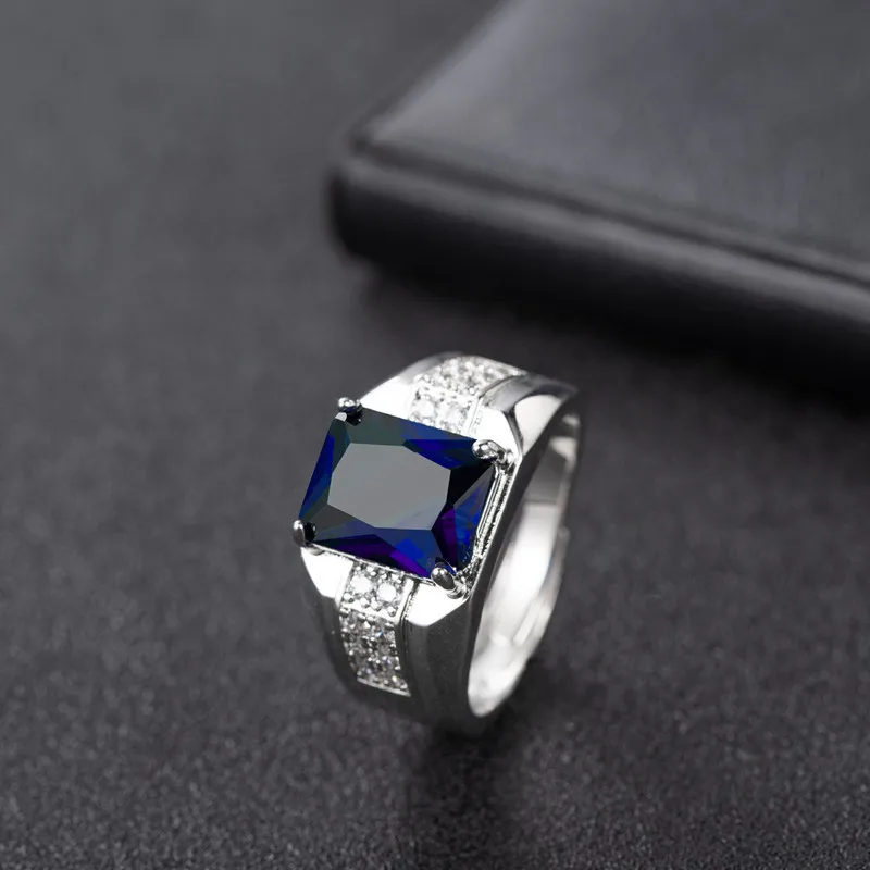 Fashion Men Ring 925 Silver Jewelry Rectangle Sapphire Zircon Gemstone Finger Ring for Wedding Engagement Wholesale Accessories