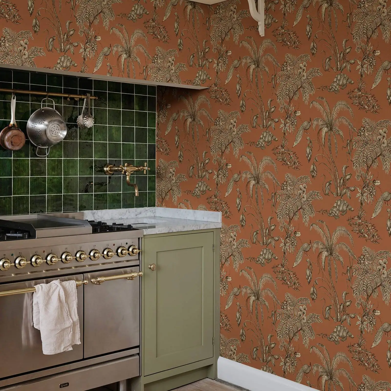 Toile de Jouy Wallpaper with monkey, Peacoark and Palm Trees in Forest, Jungle animal Wall paper with terracotta and beige color