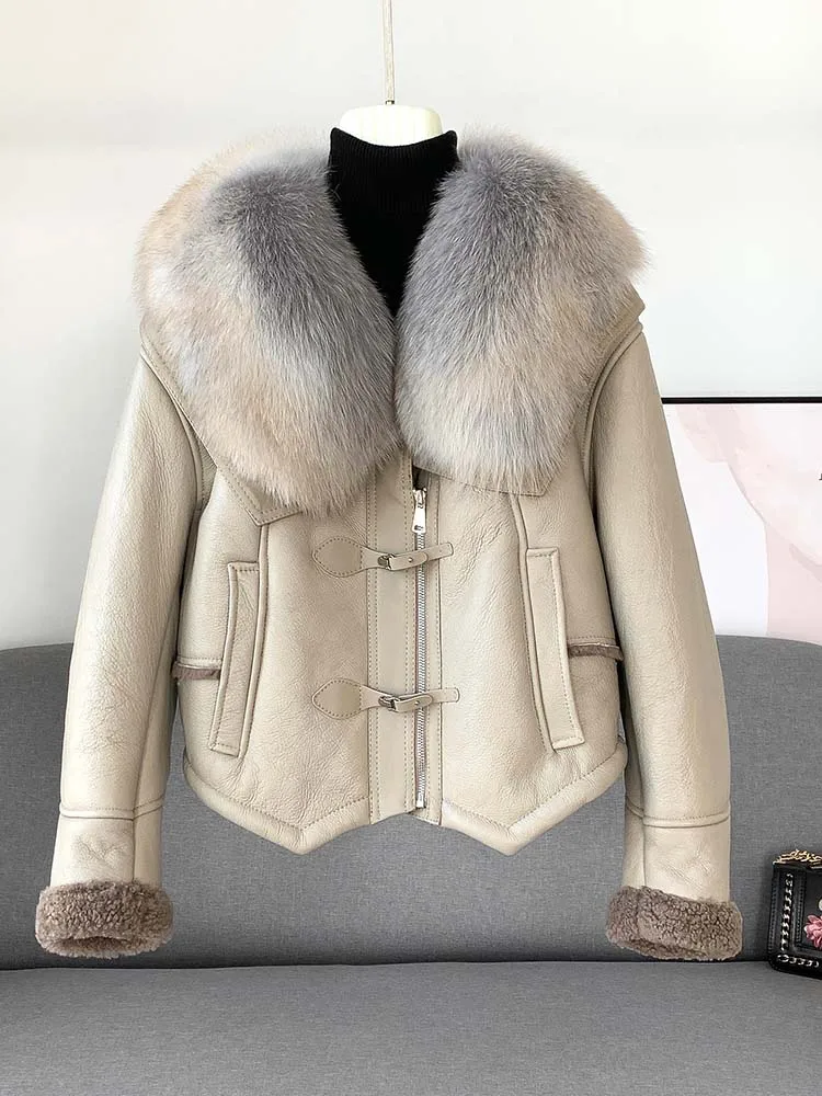 Inverno couro genuíno quente parka feminino lã merino pele de ovelha curto gola de pele de raposa casaco moda jaqueta