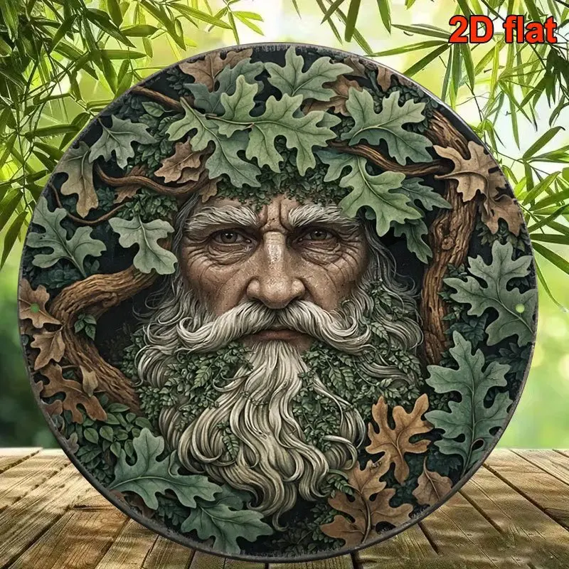 2D Flat Green Man Forest Spirit Round Metal Tin Sign, Vintage Nature Tree Beard Oak Leaves Wall Decor, Mystical Celtic Pagan Nat