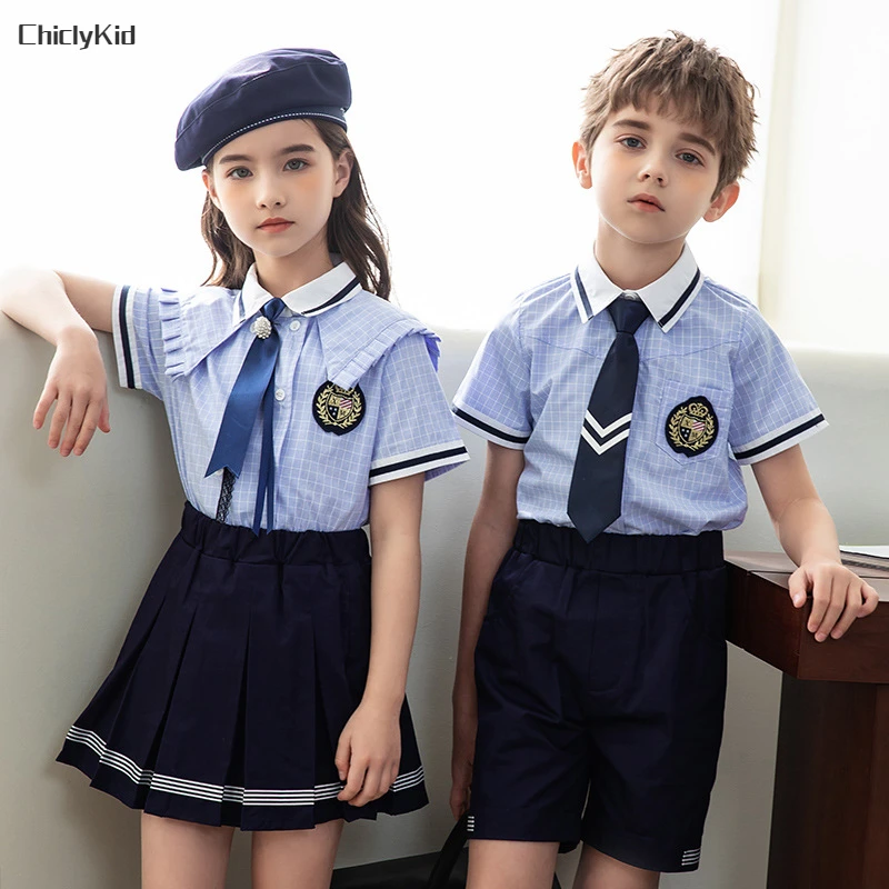 

Boys British Shirt Tie Shorts Girls Blouse Skirts Kids Toddler Japanese Kindergarten Clothes Sets Children Summer School Uniform