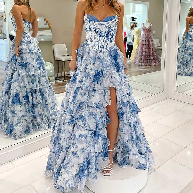 NovelTeez Women's Sexy Strapless Tiered Dress - Floral Print Party Gown with High Slit & Backless Detail