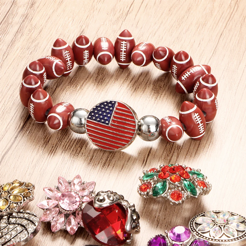 USA Football Baseball Basketball Tennis Strand Bracelet 18mm Snap Button Acrylic Bangle Fashion Charm Jewelry For Women Men Gift