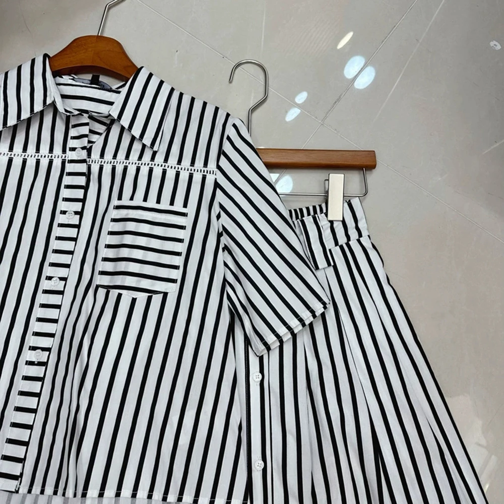 French style lapel striped short-sleeved shirt + button-down high-waist skirt suit-GZXX314