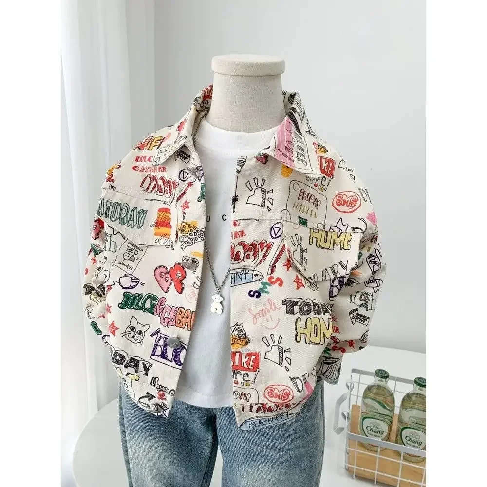 2-9Yrs Children's Denim Jacket 2024 Spring Autumn New Pure Cotton Girl Boys' Graffiti Casual Coat Single Breasted Top Outwear