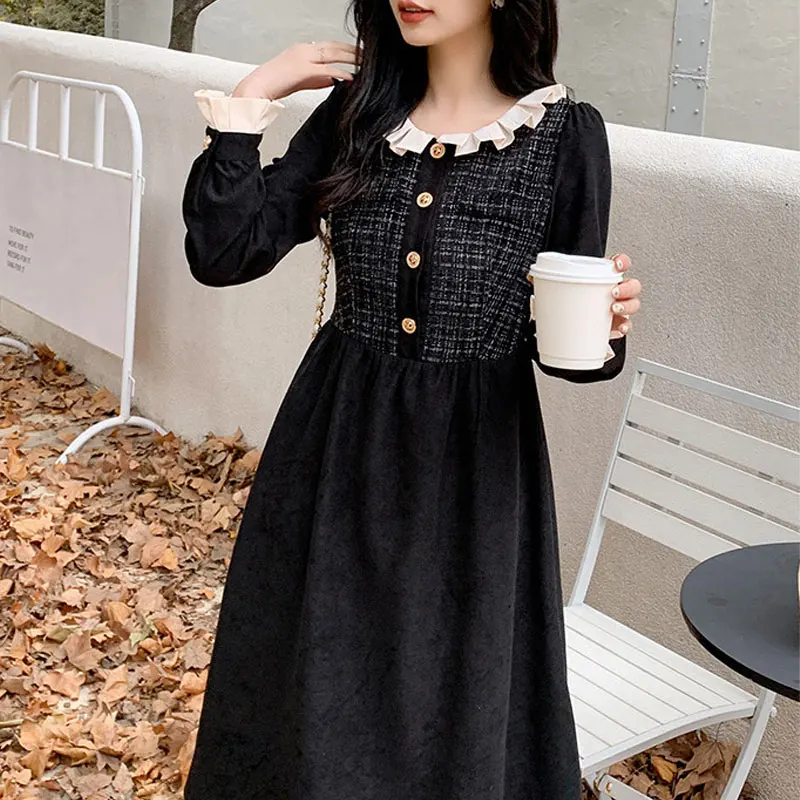 Commute Sweet Spliced Dresses 2024 Spring Autumn Fake Two Pieces Elegant A-Line Waist Women's Clothing Stylish Button Midi Dress