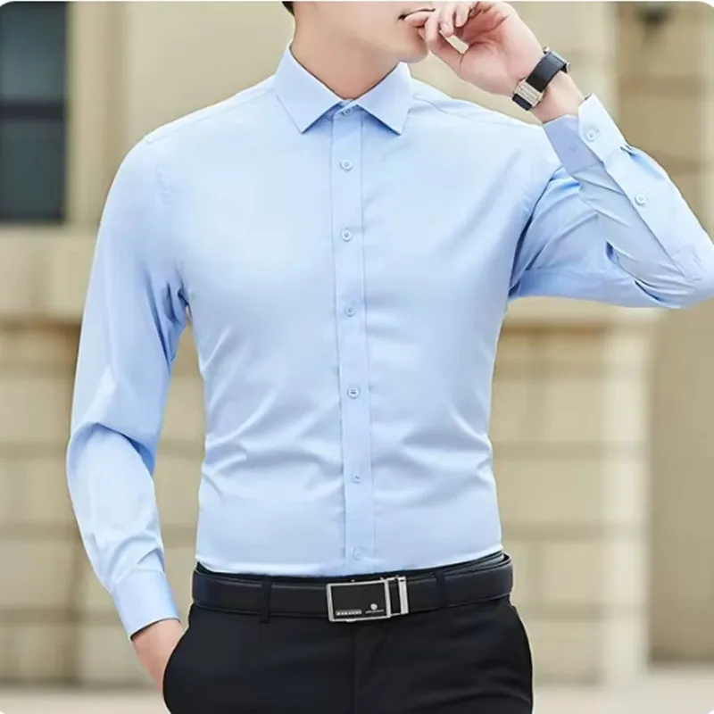 Herren Business Langarmhemd formale soziale Mode fit taschen lose mikro elastische klassische einfarbige blau weiß rosa schwarz