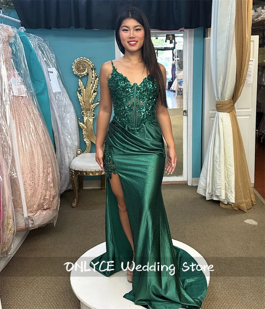 Emerald Green Mermaid Evening Dresses Corset Gown Side Split Beads Crystals Prom Dresses Birthday Party Gown Wedding