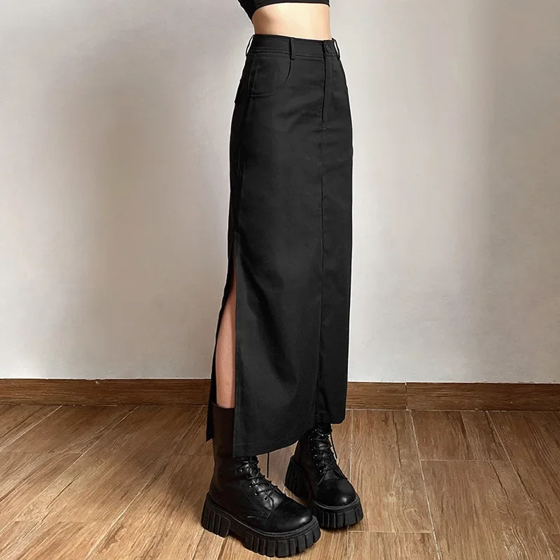 Women Midi Skirts Goth Dark Grunge Casual Tag Split Mall Gothic Punk High Raise Slim Long Skirt Y2k Sexy Fashion Streetwear